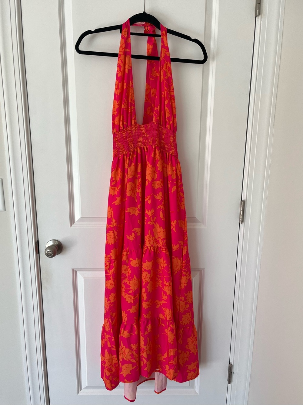 Pink & Orange Floral Small Maxi Halter Summer Dress